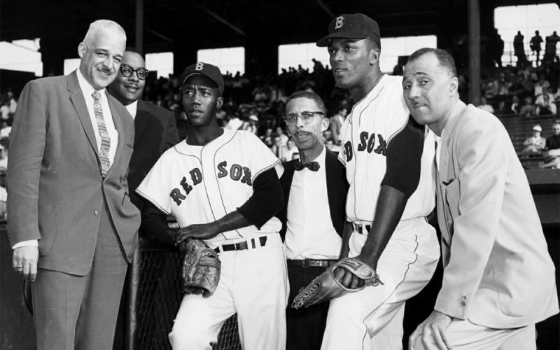 Members of the Boston branch of the NAACP greet Pumpsie Green and Earl Wilson of the Boston Red Sox at Fenway Park, 1959. From left: Herb Tucker, Harold Vaughn, Pumpsie Green, Ed Cooper, Earl Wilson, and Otto Snowden. Freedom House Collection, Northeastern University